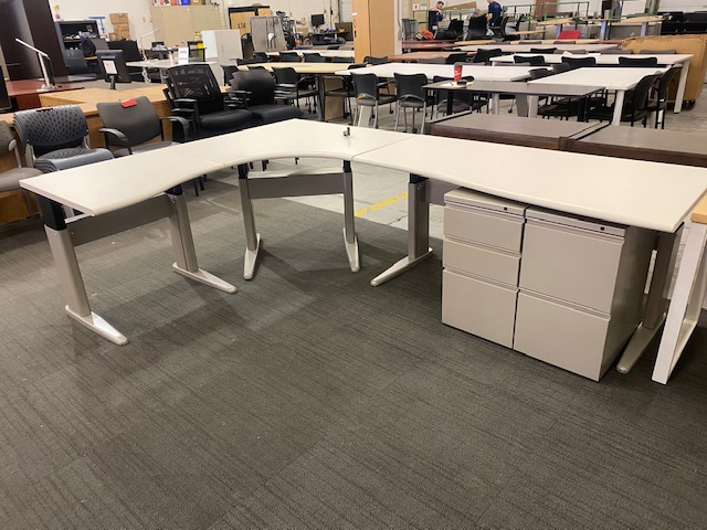 Herman L-Shaped Desks with Crank Corner and Pin Height Adjustable Returns – Comes 2 Pedestal – x 6′ -$575.00 ea. – QTY 7 – KDR Installations Inc.