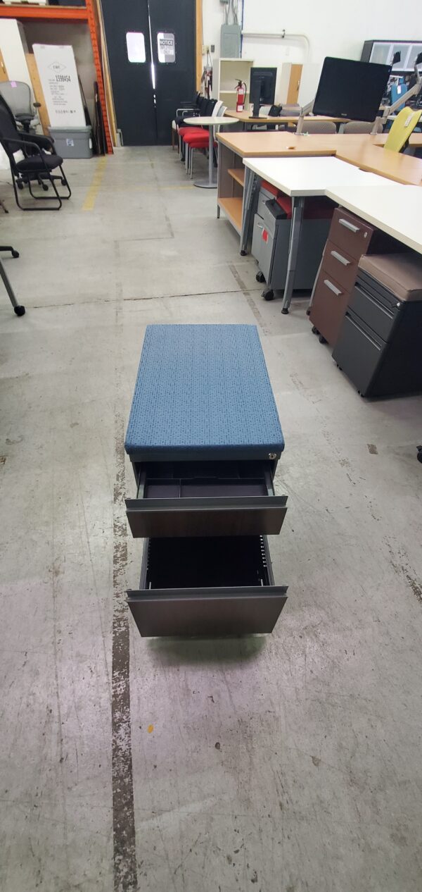 Haworth Mobile Pedestal Cabinet with Cushion Top - 15"W x 23.25"D x 22.5"H - Grey Cabinet, Blue Cushion - $75.00 ea. - Image 2
