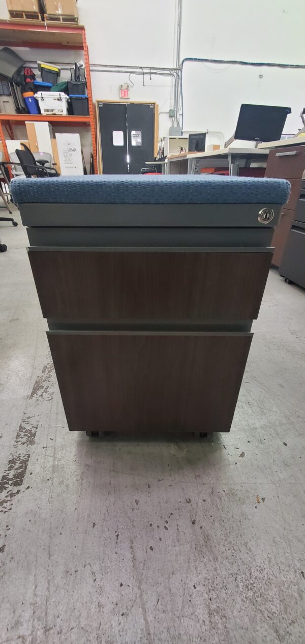 Haworth Mobile Pedestal Cabinet with Cushion Top - 15"W x 23.25"D x 22.5"H - Grey Cabinet, Blue Cushion - $75.00 ea.